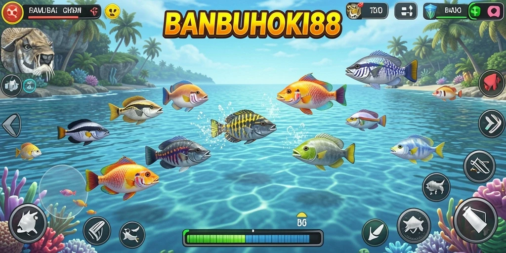 Screenshot gameplay BANBUHOKI88 yang penuh aksi tembak ikan.