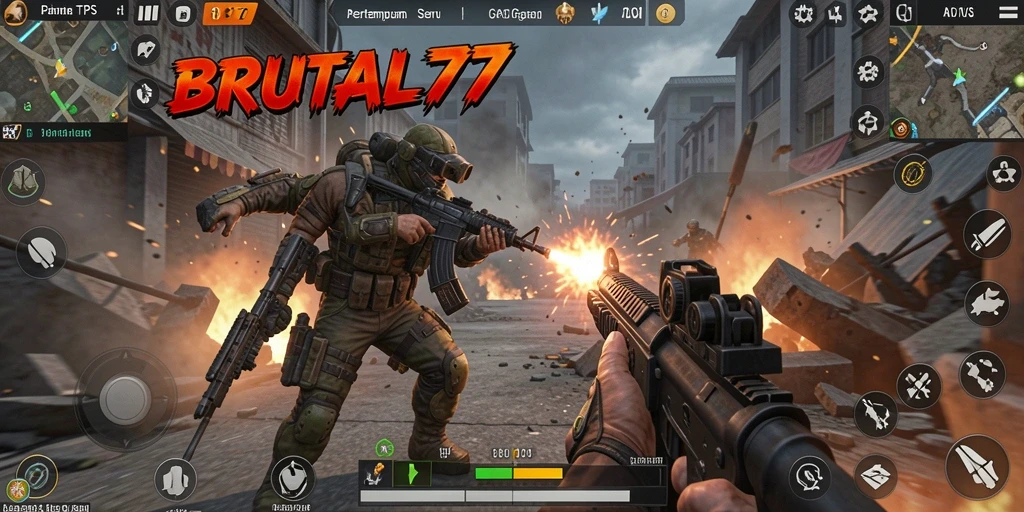 Tangkapan layar gameplay seru dari BRUTAL77 dengan aksi intens.