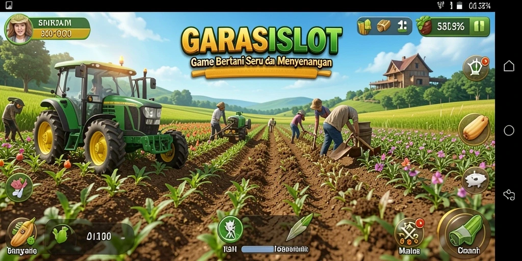 Screenshot GARASISLOT menampilkan aktivitas bercocok tanam yang menarik di ladang.
