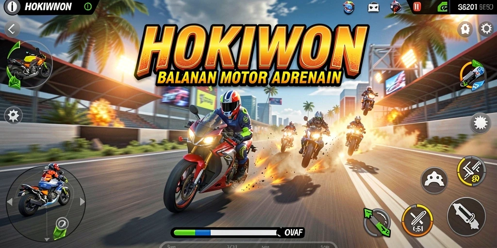 Tampilan gameplay HOKIWON yang mendebarkan dengan aksi balapan motor.