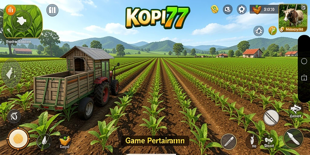 Screenshot gameplay KOPI77 menampilkan kebun kopi yang subur.
