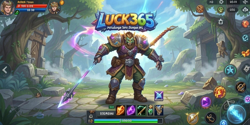 Screenshot LUCK365 menampilkan aksi pertarungan karakter di dunia fantasi.