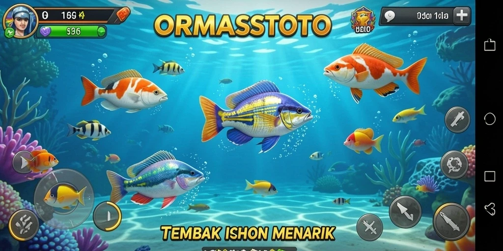 Screenshot gameplay ORMASSTOTO menampilkan aksi menembak ikan yang seru.
