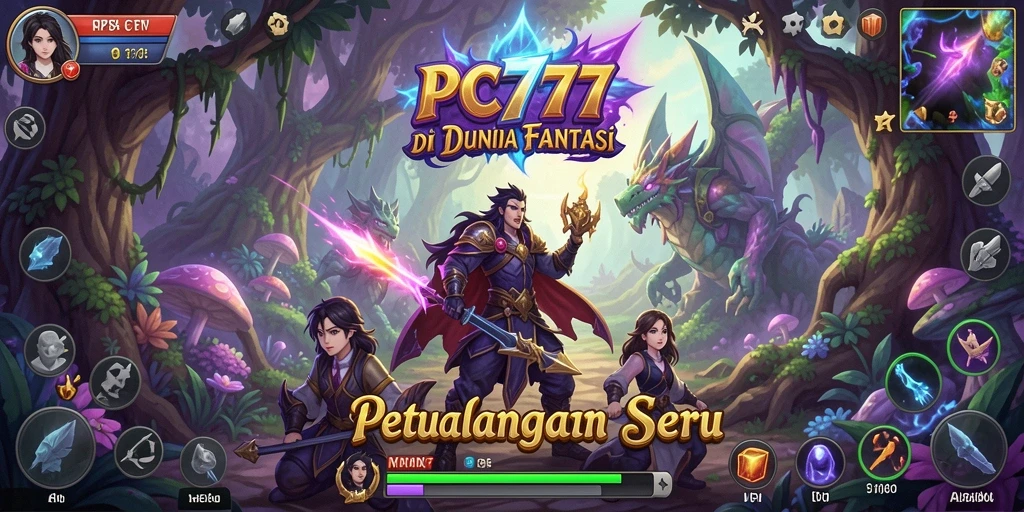 Tangkapan layar utama PC777 menampilkan aksi seru di dunia petualangan.