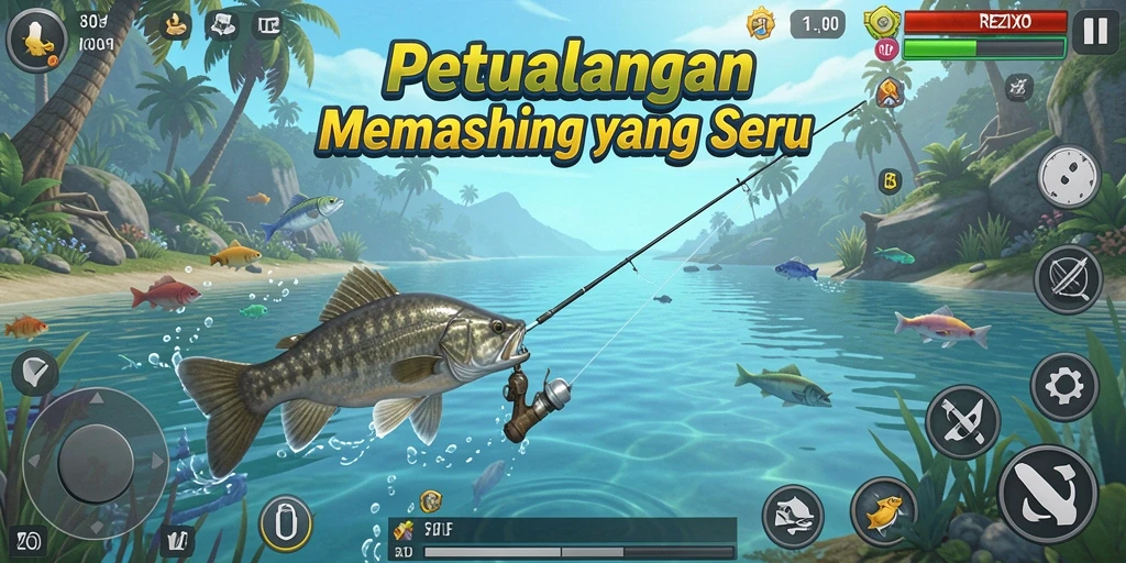 Screenshot gameplay REZIXO menampilkan aksi memancing yang mendebarkan.