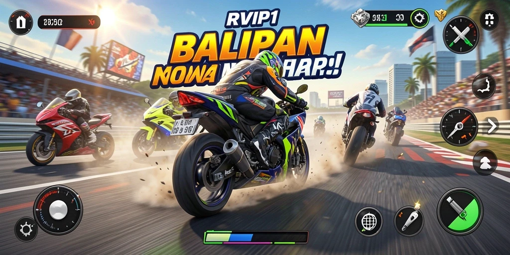 Tampilan gameplay seru saat balapan motor di RVIP1.