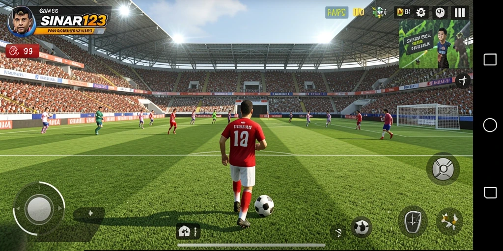 Tangkapan layar gameplay SINAR123 menampilkan aksi seru di lapangan sepak bola.